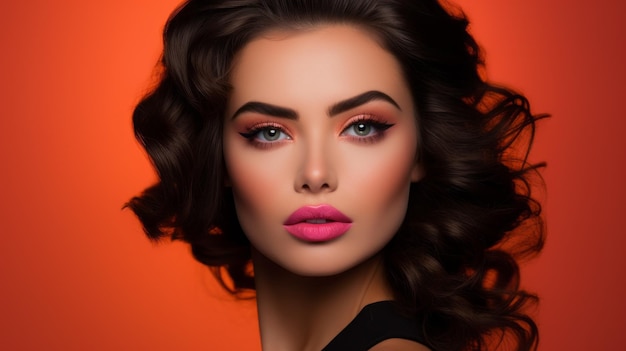 Closeup Studio Portrait of a beautiful young brunette woman with bright makeup on an orange background Lips Lipstick Eye Shadow Cosmetics Beauty Salon concepts