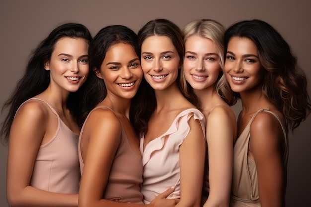 Closeup studio portrait of five cheerful young diverse multiethnic women female models smiling at