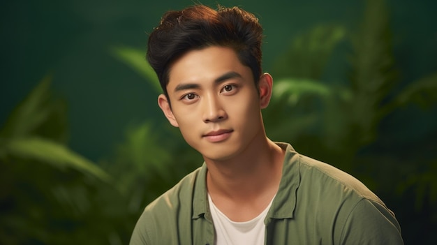 Closeup Studio Portrait of a young stylish Asian man looking directly into the camera on a green background