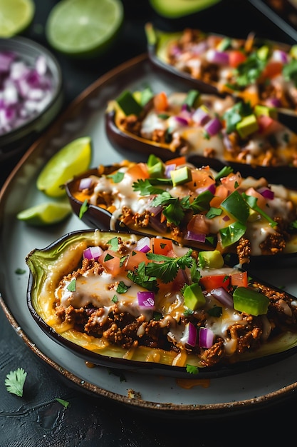 Photo closeup of stuffed eggplant with ground beef avocado and cheese