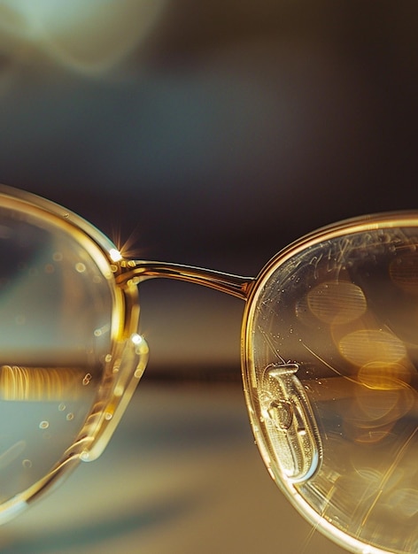 CloseUp of Stylish Eyeglasses with Golden Frame and Bokeh Background