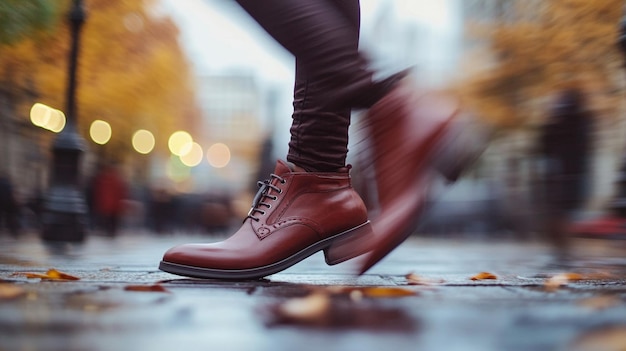 Photo a closeup of stylish footwear on a sidewalk with motion blur capturing the models movement