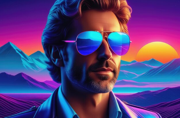 closeup of stylish man in sunglasses 3D virtual reality landscape in 1980s style with retro vibes