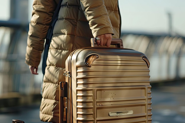 Closeup stylish tourist with luggage