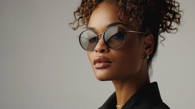 Photo closeup of a stylish woman wearing large round glasses and a black jacket she has curly hair