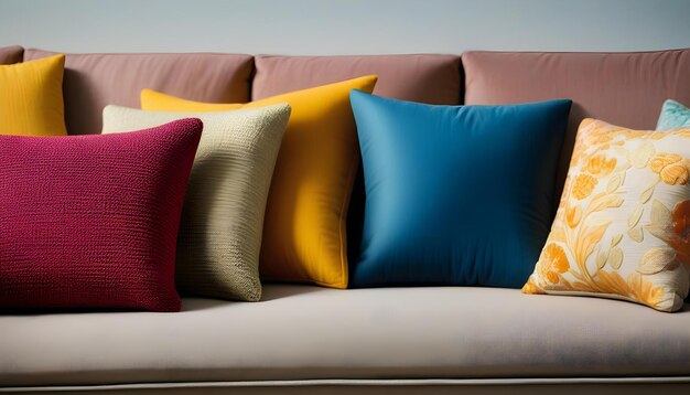 A closeup of a stylishly decorated sofa with cushions and a throw blanket