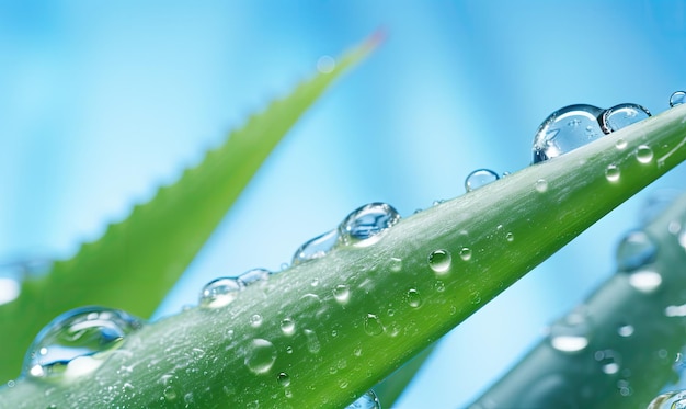 Closeup of succulent aloe vera leaves with water droplets on a blue background Macro shot of dewkissed aloe vera leaves Created with generative AI tools