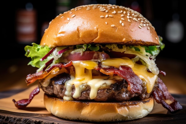 Closeup of a succulent and juicy Churrasco burger topped with melted cheese crispy bacon