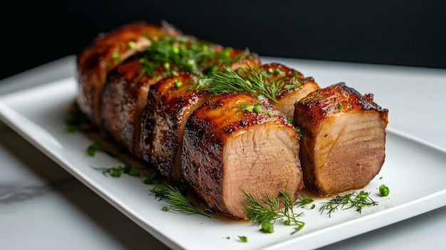 A closeup of a succulent roasted pork loin sliced and garnished with fresh dill The pork is