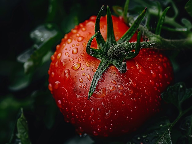 Closeup of a succulent tomato its vibrant red hue contrasting vividly against the deep green of its vinecovered backdrop