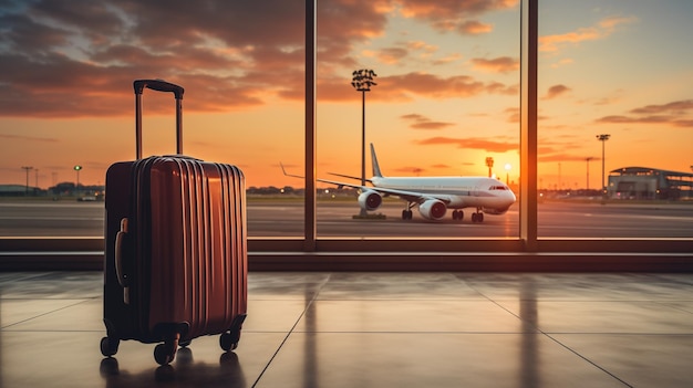 Closeup of suitcase ready in front of a window at the airport terminal Air travel concept