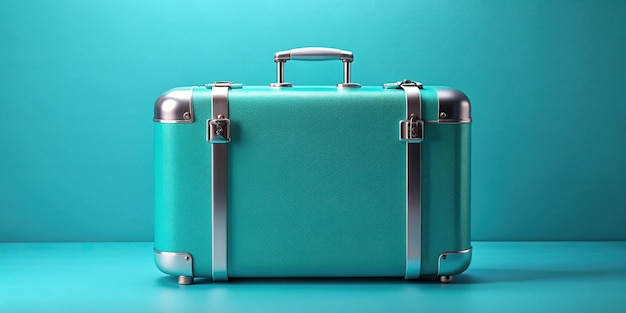 Photo closeup suitcase solid turquoiseretro blue backdrop a close up of a retro style turquoise suitcase with silver detailing against a solid blue backdrop