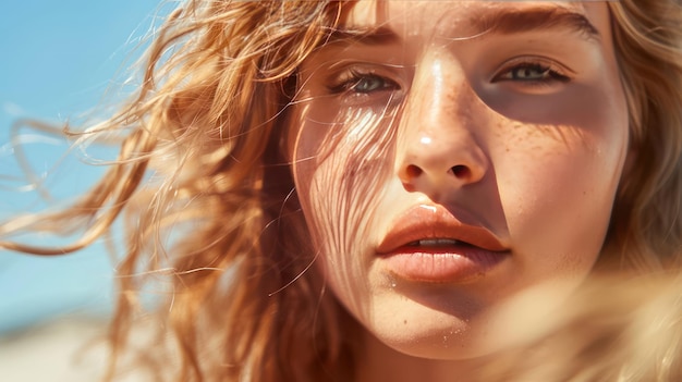 Photo closeup of a summer fashion model39s sunkissed skin and beach waves hairstyle