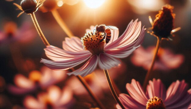 A closeup The sun is shining flowers are pollinated by bees eat