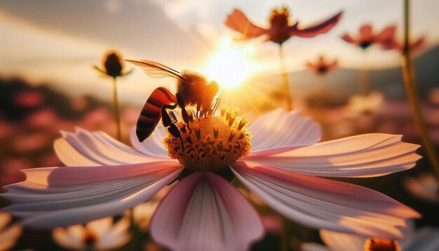 A closeup The sun is shining flowers are pollinated by bees eat