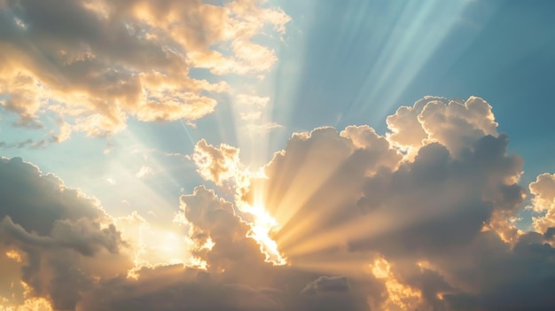 Closeup of sun rays breaking through the clouds as the sun rises on the horizon