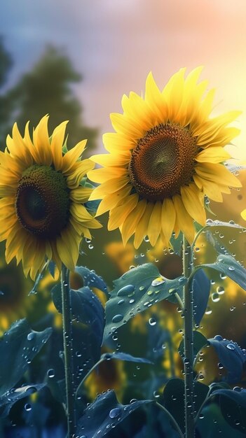 Closeup sunflowers with water droplets background Summer wallpaper Ai generated