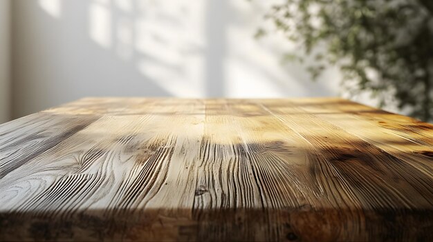 Photo closeup of sunlit rustic wooden table with soft shadows