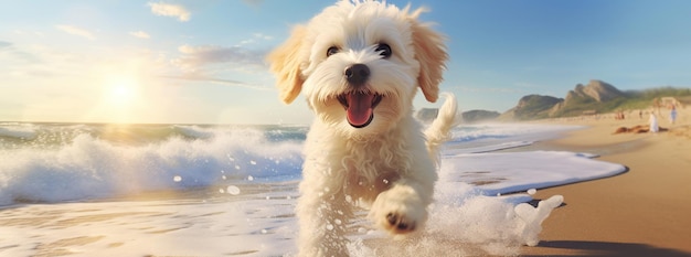 Closeup at sunrise a dog's portrait on a petfriendly beach celebrates the bond between pets and summer vacations