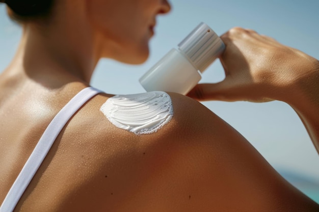 Closeup of sunscreen application on shoulder of black woman at tropical beach