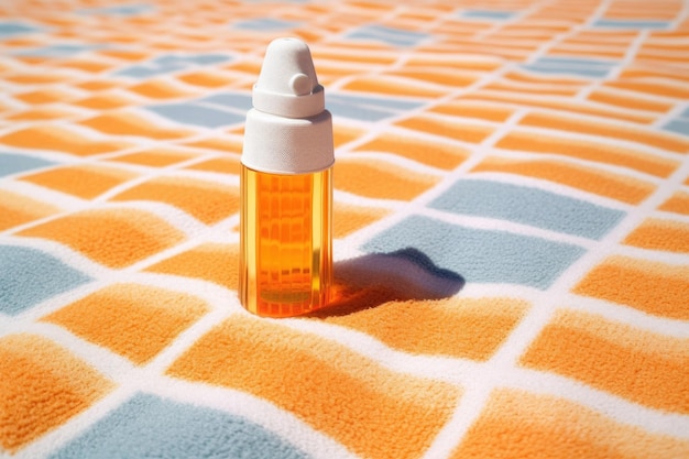 Closeup of sunscreen bottle on beach towel created with generative ai