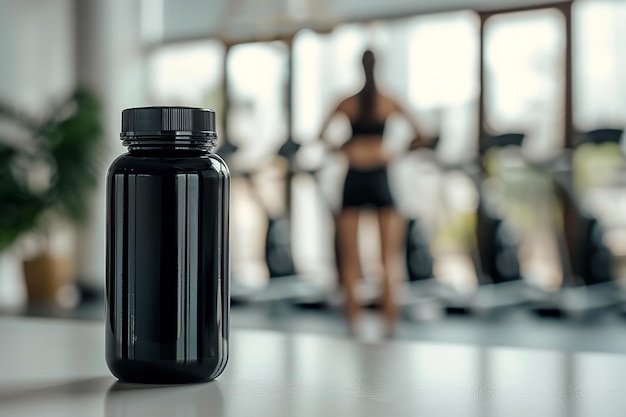 A closeup of a supplement bottle with a hazy background of a woman working out and a large area for text or background use on a wooden surface Generative AI