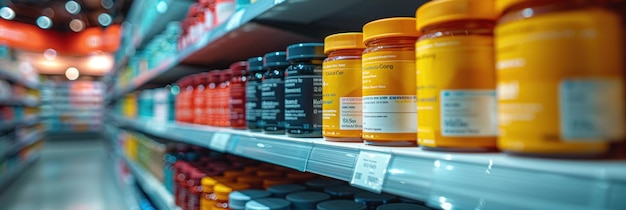 Closeup of Supplement Bottles on a Supermarket Shelf