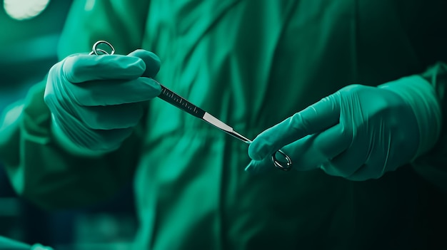 Photo closeup of a surgeon39s gloved hands holding surgical scissors in an operating room