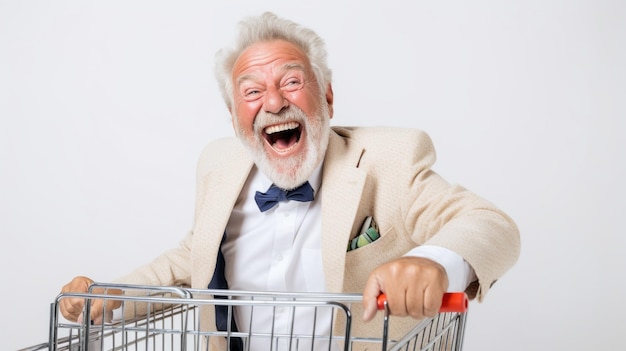 Closeup of a surprised happy fashionable grayhaired retired senior man in a shopping cart on a white background with a copy space The concept of Discounts Sale Shopping mall shops