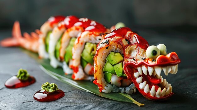 Photo closeup of the sushi of the form of a dragon selective focus