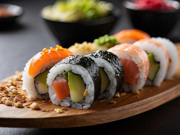 A closeup of a sushi roll showcasing colorful ingredients