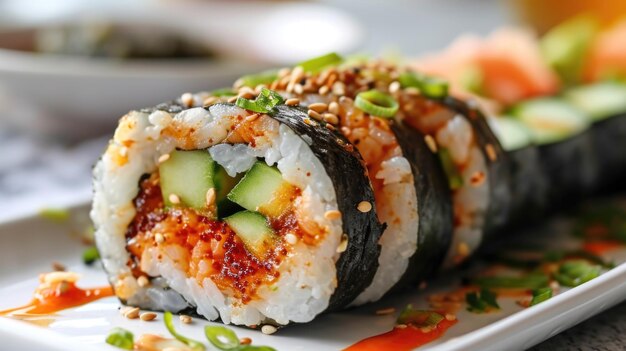 Closeup of sushi roll with cucumber and sesame seeds