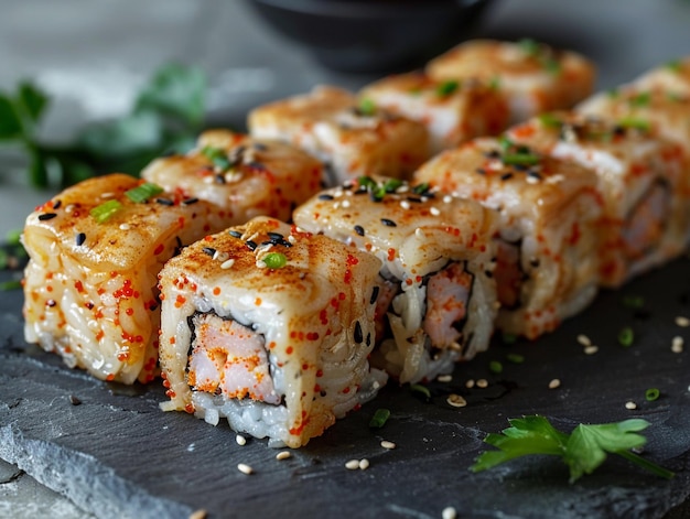 CloseUp of Sushi Rolls on Slate Plate