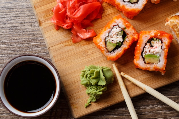 Closeup of sushi with soy sauce