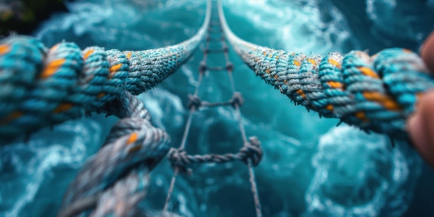 Photo a closeup of a suspension rope bridge extending over turbulent blue waters highlighting adventure and thrill