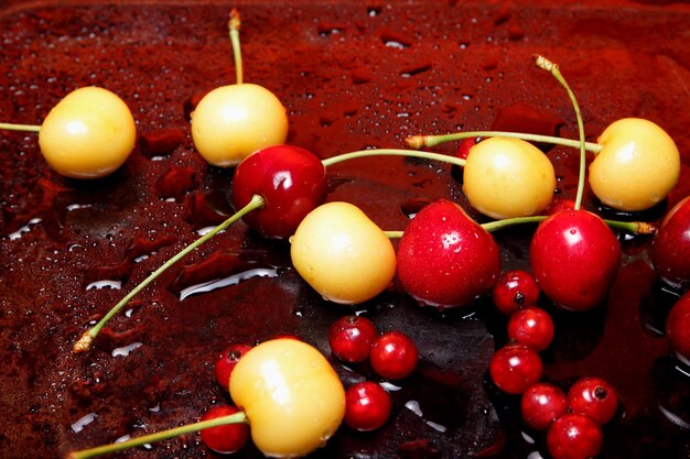 Closeup of sweet berries with drops of water on a dark background Healthy food concept