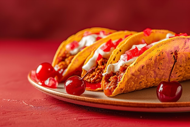 Photo a closeup of sweet and delectable tacos with cream and cherry filling on a dish against a smooth red backdrop with plenty of room generative ai