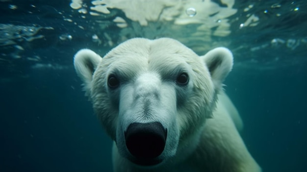 Closeup of a swimming polar bear underwater looking at the camera