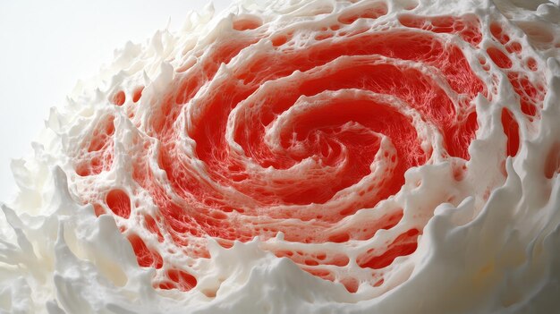 A closeup of a swirling red and white dessert resembling whipped cream or frosting