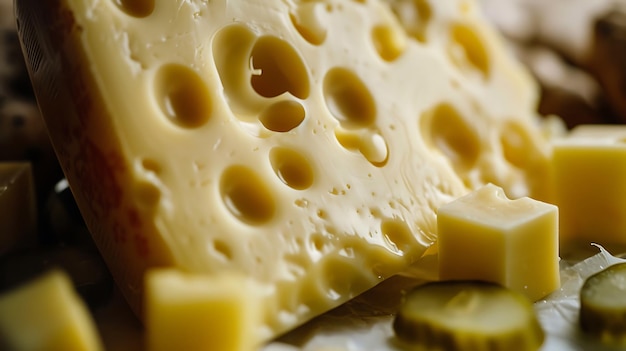 Closeup of Swiss cheese with large holes revealing the creamy texture