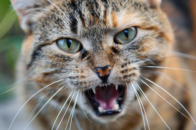 Photo closeup of tabby cat growling