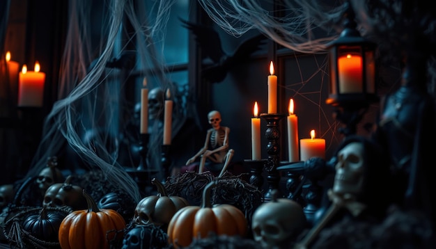 Closeup of a table featuring candles and skeletons