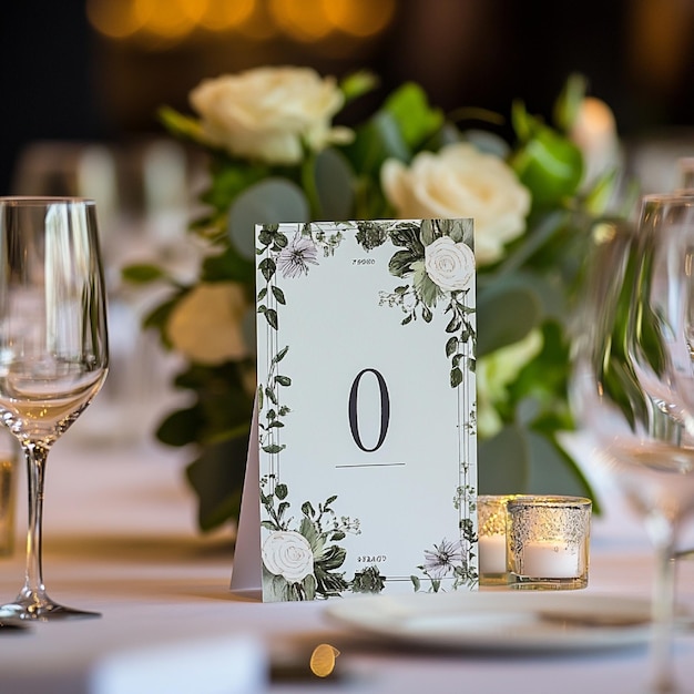 A closeup of table numbers and place cards designed to match the wedding theme