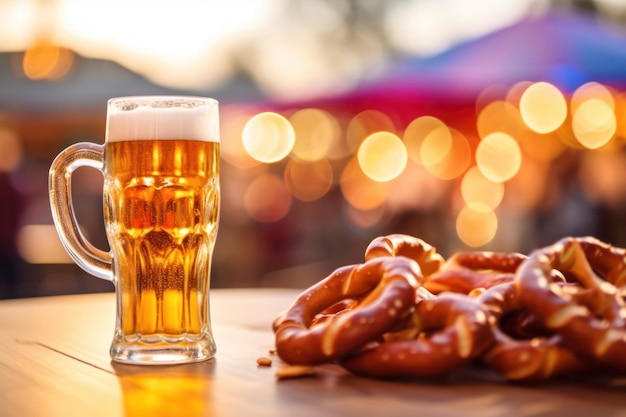 CloseUp of a Table at Oktoberfest Filled with Traditional Food and Beer AI Generated