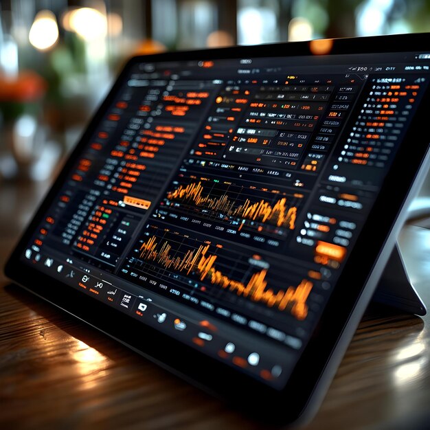 Photo closeup of tablet screen displaying financial charts and data realistic image