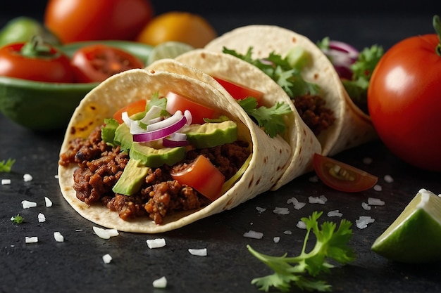 A closeup of a taco being assembled with fresh ingredients