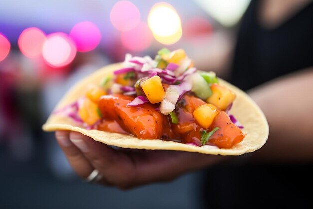 Photo closeup of a taco with fish fresh salsa and lime on