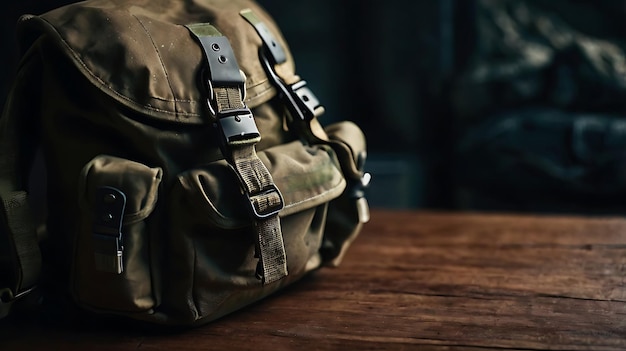 Photo closeup of tactical military backpack on table for adventure survival and outdoor gear concepts