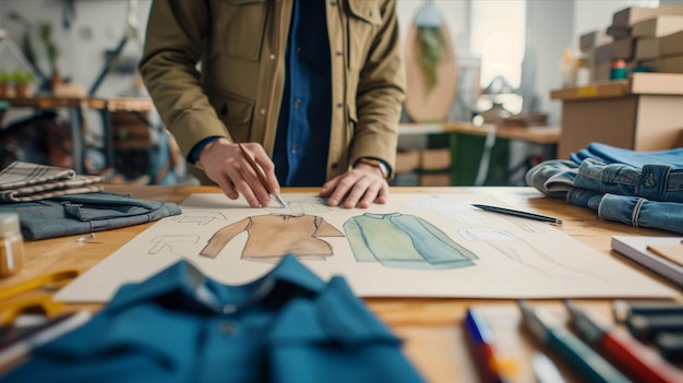 Photo closeup of tailor designing mens clothes in office