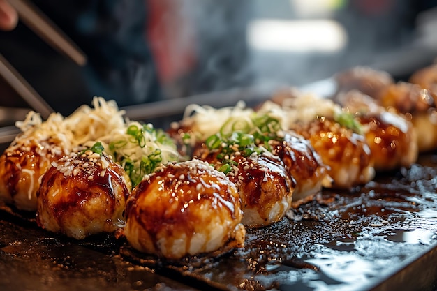 Photo closeup of takoyaki a japanese street food snack drizzled with sauce and toppings